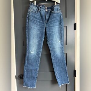 NYDJ Blue Straight Leg Jeans with Subtle Distressing